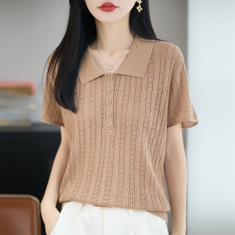 French-Style Elegant Lapel Hollow-Out Ice Linen Knit Short-Sleeve Women's T-Shirt, Summer Thin Ultra-Light Breathable Top French-Style Elegant Lapel Hollow-Out Ice Linen Knit Short-Sleeve Women's T-Shirt, Summer Thin Ultra-Light Breathable Top