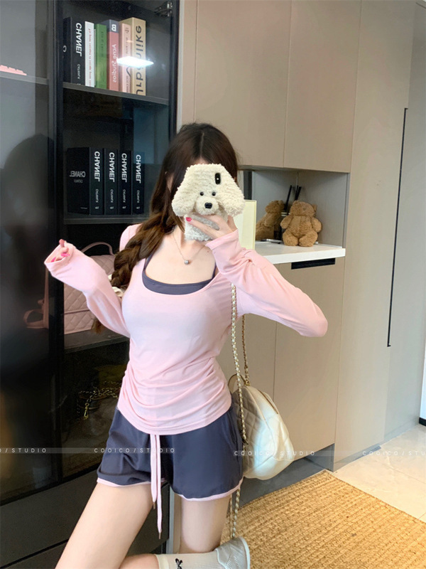 カジュアルスーツ レイジースタイル Uネック 長袖 Tシャツ カバーアップ ホルターベスト レディース 夏 ハイウエスト ワイドレッグ ショーツ 3点セット|undefined