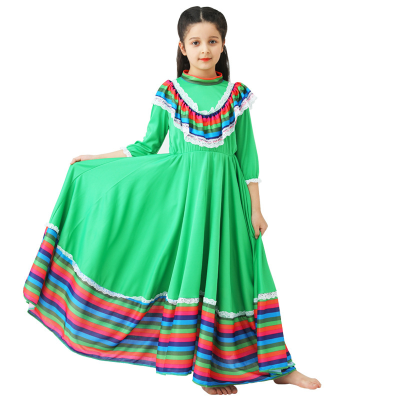 Traditional Mexican Girl Big Swing Long Dress Ethnic Dance Costume Kids Halloween Party Show Game Costume