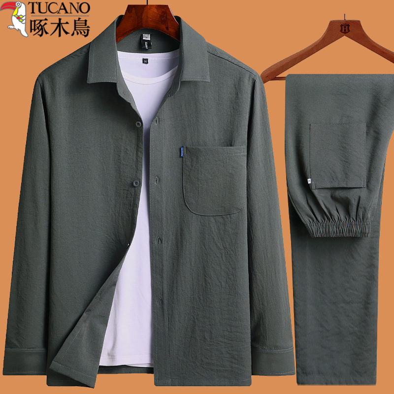 啄木鸟中年男士爸爸春夏装衬衫中老年人春秋季上衣夏天薄衬衫梦伟