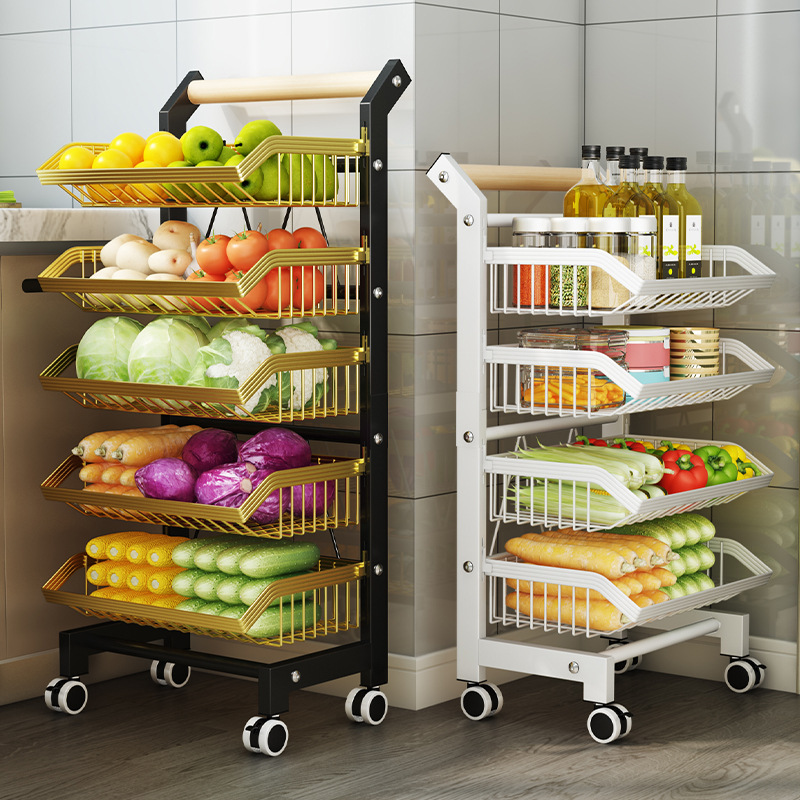 Kitchen vegetable storage rack, household use, multi-layer floor storage rack, mobile utility trolley, metal