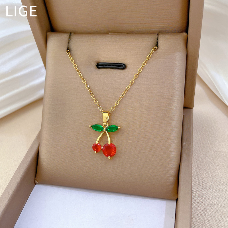 Red Cherry Fruit Necklace Diamond Luxury Clavicle Chain Jewelry_voghion.com
