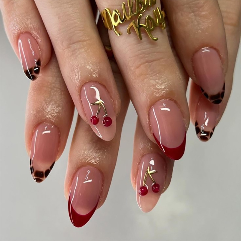 Popular Foreign Trade 3D Cherry Wearable Nails French Red Short Almond Shaped Manicure Nails Finished Products Wholesale Popular Foreign Trade 3D Cherry Wearable Nails French Red Short Almond Shaped Manicure Nails Finished Products Wholesale