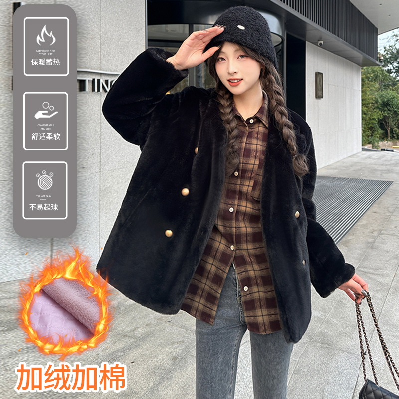 가을 겨울 플러시 코트 여성 캐주얼 v 넥 두꺼운 방한 따뜻한 친환경 모피 코트 더블 브레스트 코튼 코트