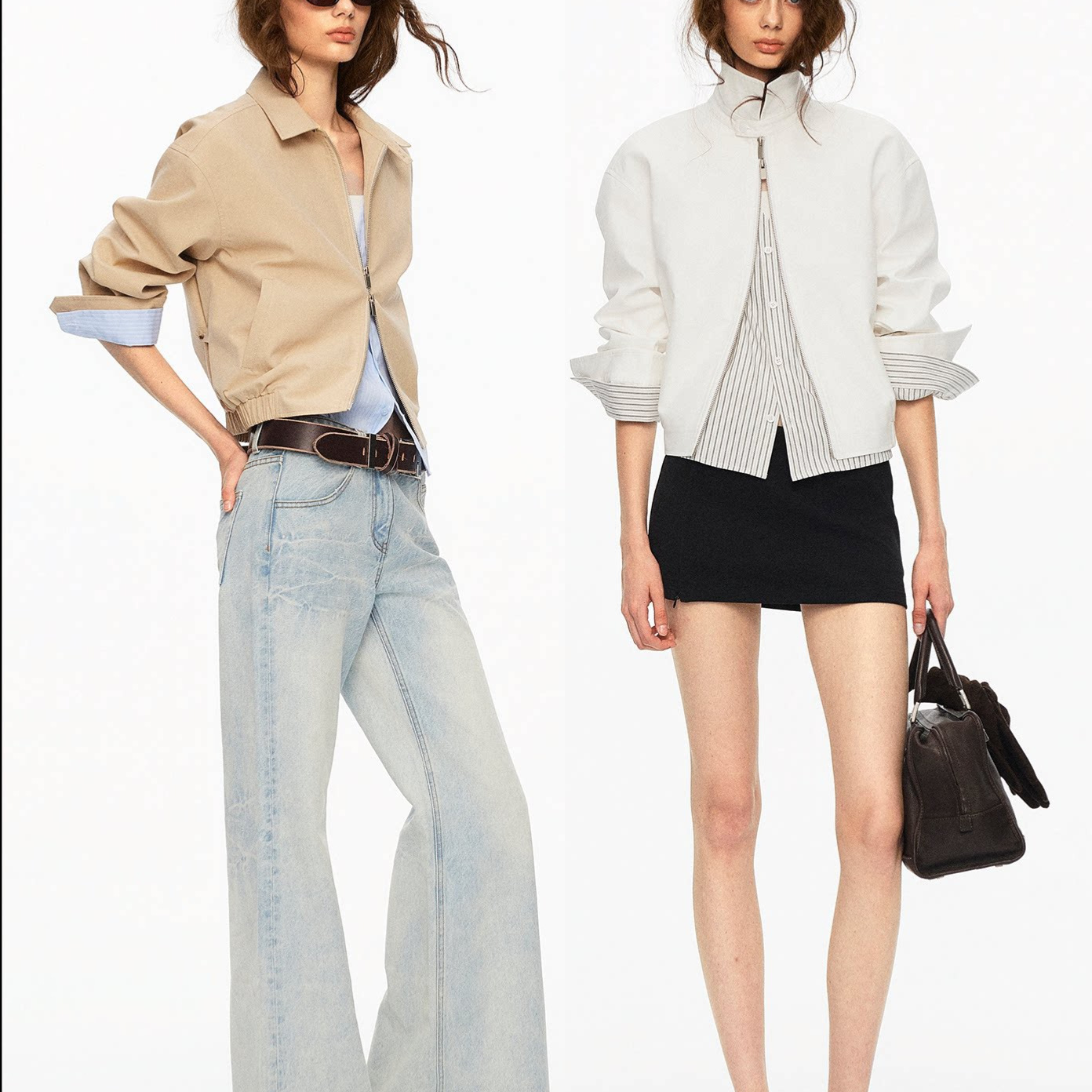 sathe* Tencel cotton faux two-piece color-blocked striped stand-collar jacket, women's spliced turn-up sleeve short casual coat