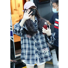 明星同款SOMESOWE 格纹花标提袖衬衫女格子长袖外套