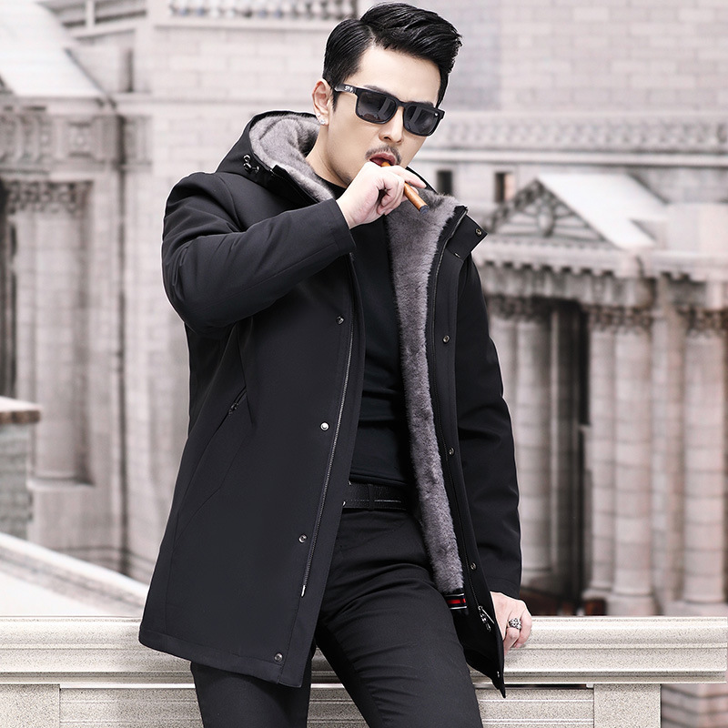 Men's Parka with Mink Lining, Mid-Length Hooded Slim-Fit Business Style, Full Mink Fur Men's Coat, Gentleman's Style