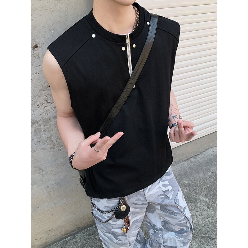 American Half-Zip Shoulder Pad Short-Sleeved T-Shirt Men's Summer Space Cotton High-End Cleanfit Loose Sports Sleeveless
