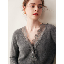 专柜款水溶蕾丝花边V领开衫女山羊绒时尚宽松大码羊毛针织衫外套