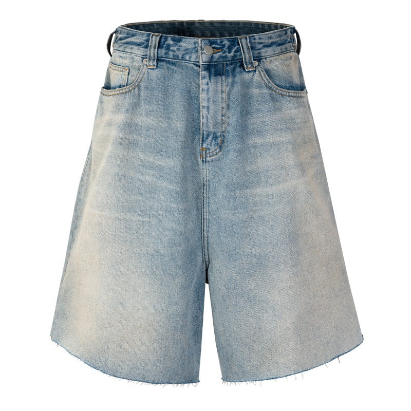 American High Street Style Skater Distressed Raw Hem Denim Shorts Men's Trendy Retro Skateboard Shorts