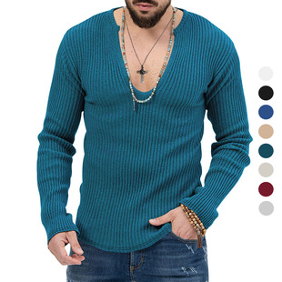 Amazon European and American Cross-Border 2025 European and American Men's Trendyy Spring & Fall Deep V Neck Men's New Pure Color Knitted Long-Sleeved Shirt