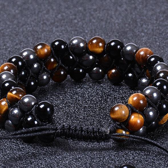 Tiger Eye And Magnetic Black Stone Layered Braided Bracelet_voghion.com