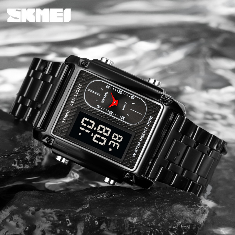 Skmei 1868 cuadrado doble pantalla reloj electrónico estudiante de los hombres impermeable correa de acero reloj negro Guerrero Correa reloj
