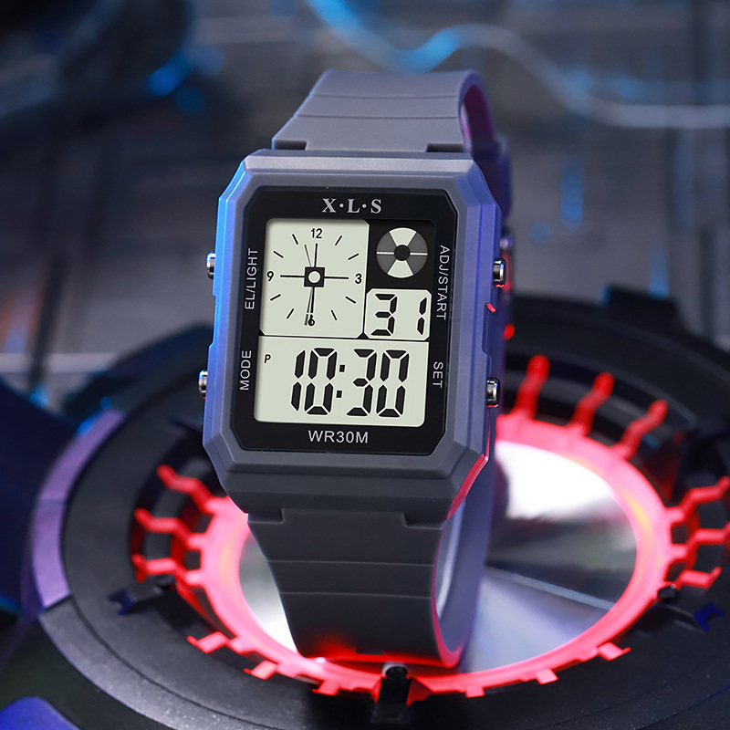 Accurate Dual-Display Pointer Square Ultra-Thin Exam Waterproof Luminous Timing Alarm Clock Multi-Functional Children's Electronic Watch