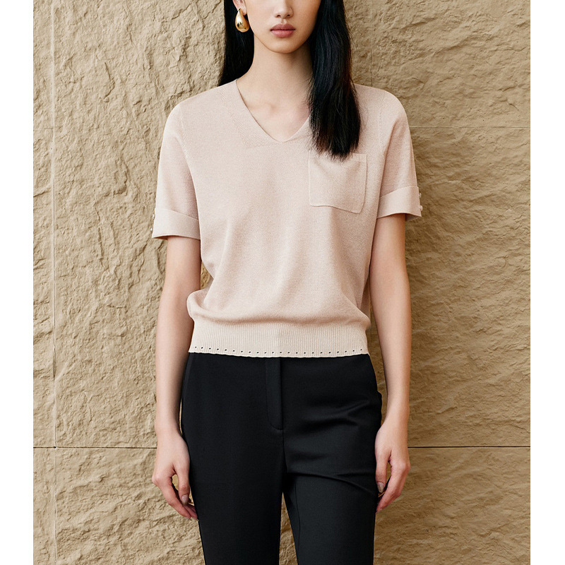 【En*Dingdan】2026 Summer Thin V-Neck Ice Silk Knitted Sweater for Women, Elegant and Youthful Fashion Short Sleeve Top