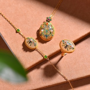 Xinjiang Hetian Jade White Jade Egg Face Pendant Ring Bracelet s925 Silver Enamel with Duobao Palace Style Three-piece Set for Women