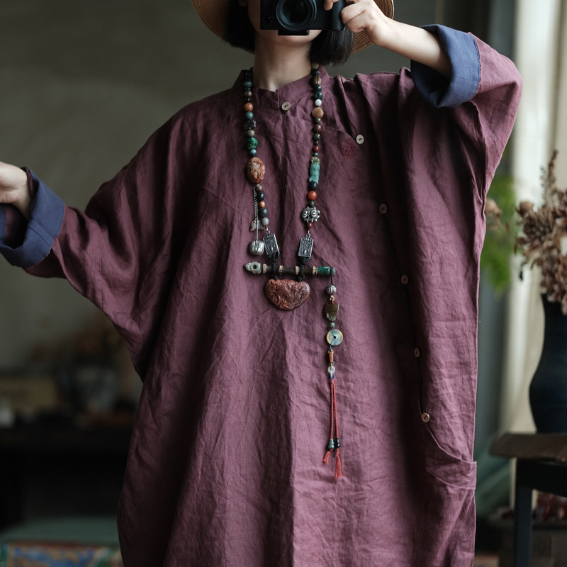 Luoguni Light Custom Washed Linen Hand Embroidered Loose Robe Dress 1491 Red Coffee