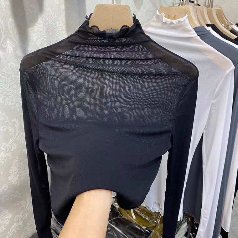 Camicia versatile in pizzo a rete per donna, primavera e autunno 2022, manica lunga, arricciata, collo alto, leggermente trasparente_voghion.com