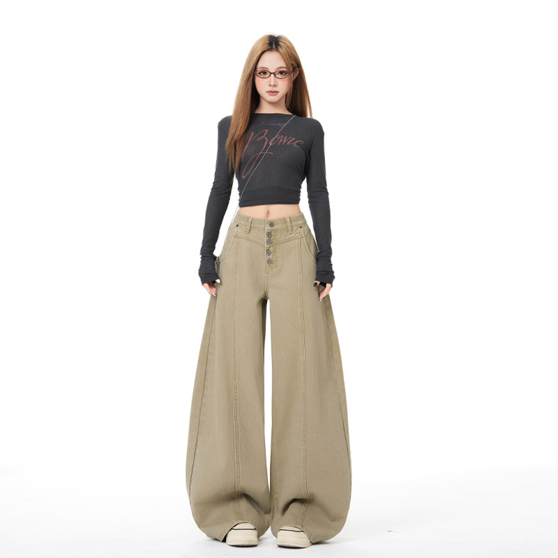 Childish Orange # Green Retro Buttoned Wide-Leg Jeans for Women, Loose Fit, Slimming, Stylish, Casual, Versatile, Floor-Length Pants.