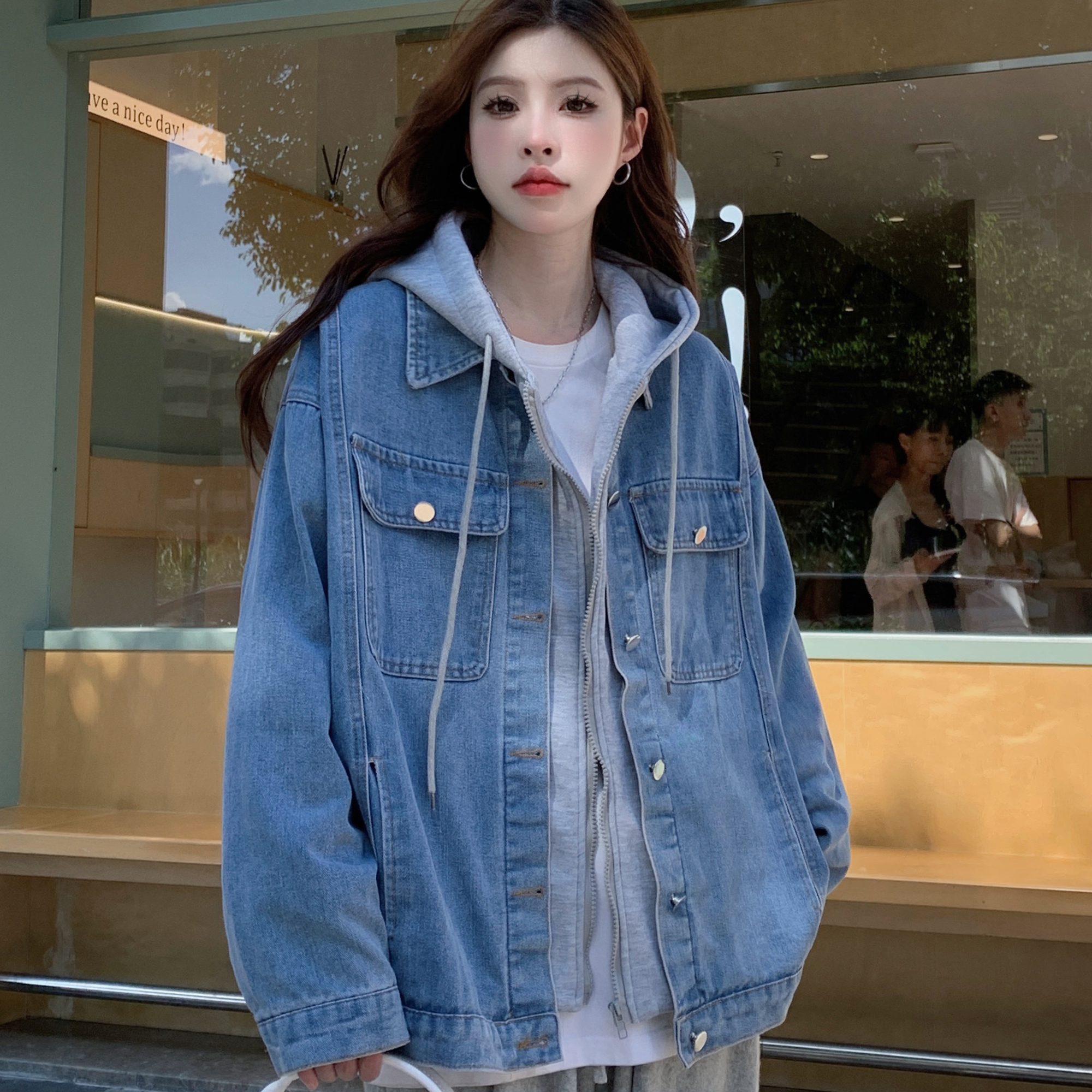 가짜 투피스 데님 재킷 소녀의 봄과 가을 12 중학생 느슨한 캐주얼 후드 자켓 15 세