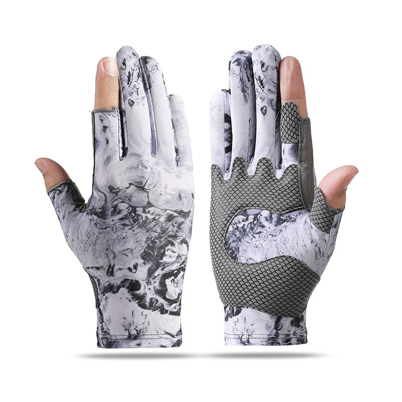 Guantes de pesca de los hombres de primavera y verano al aire libre de la pesca protección solar antideslizante resistente al desgaste camuflaje frío hielo seda medio dedo transpirable DY