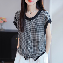2025年夏季新款天丝莱赛尔蕾丝边圆领针织开衫短袖格子宽松上衣女