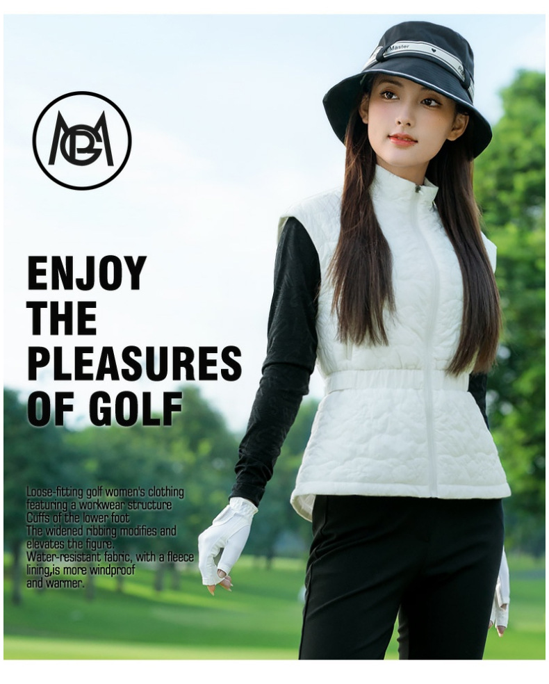 Áo vest khoác nữ thể thao golf chần bông cổ đứng khóa kéo — Áo vest trắng [eo có thể điều chỉnh/cổ áo đứng có khóa kéo/lót chần bông] YF856 chi tiết 3