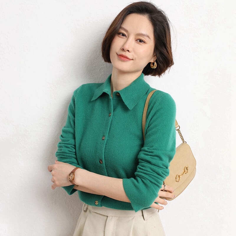 2023 Spring Sweater Women's POLO Collar Knitted Cardigan Shirt Collar Wear Soft Waxy Long-sleeved Korean Fashionable Coat