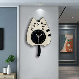 木质儿童装饰摆尾巴挂钟静音客厅卧室猫咪跨境卡通wall clock