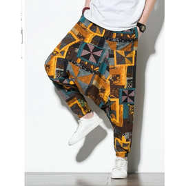 外贸跨境2021夏季新款潮流中国风男休闲拼色花长裤男装批发