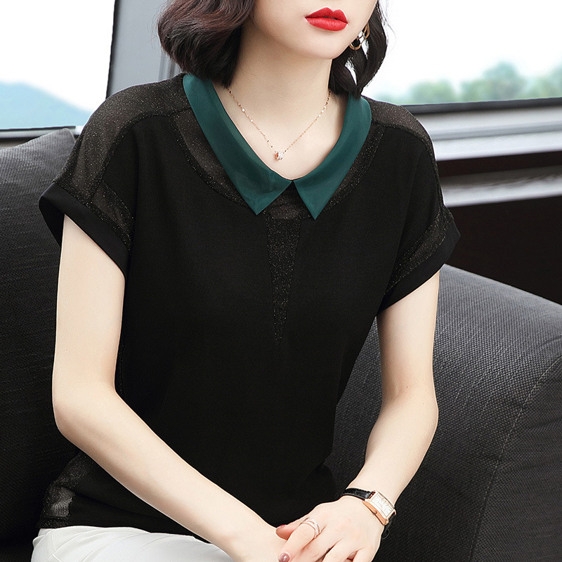 Mom's Ice Silk Top T-shirt 2022 Summer New Middle-aged Women's Short-sleeved Black Led Large Size Loose Solid Color