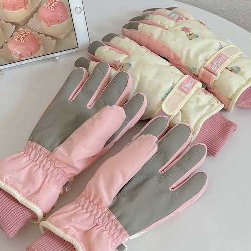 Korean style soft girl ski gloves cute bear winter warm plus velvet anti-slip outdoor windproof cycling five-finger gloves