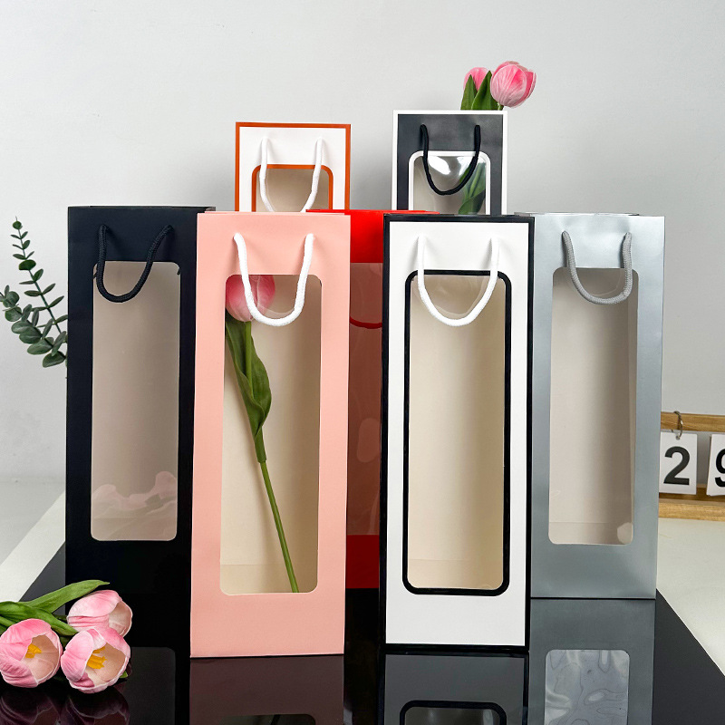 现货红酒手提袋透明开窗礼物袋白卡长方形礼品袋花束包装纸袋批发