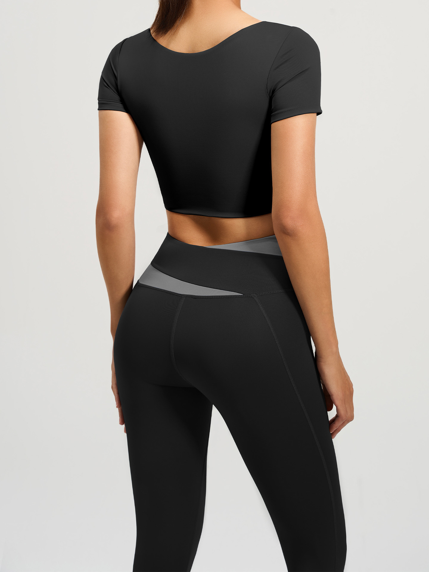 Juyitang costura ropa de entrenamiento traje ombligo traje de manga corta cintura alta cadera levantamiento correr deportes fitness traje