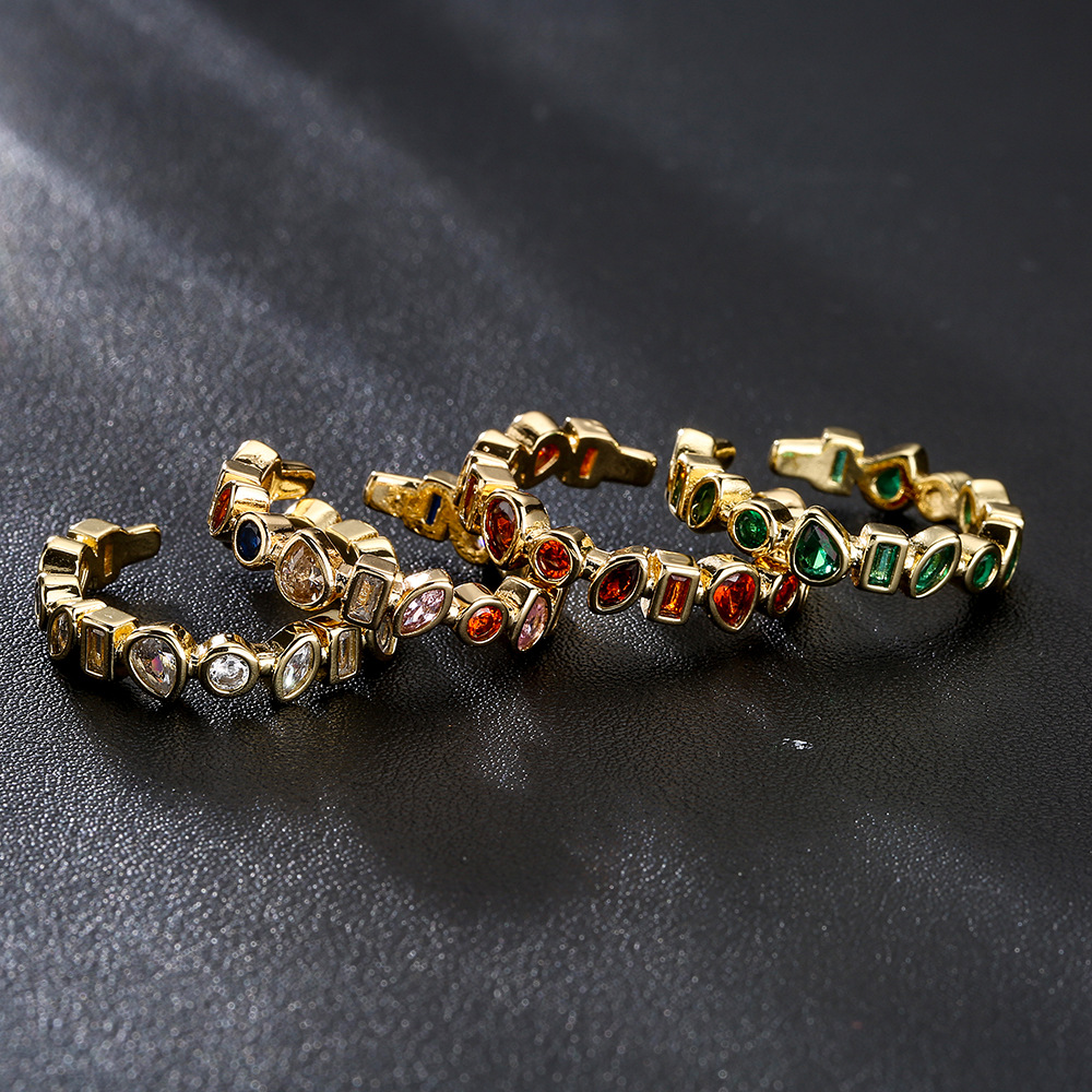 fashion geometric open copper plated 18K gold colorful zircon ring