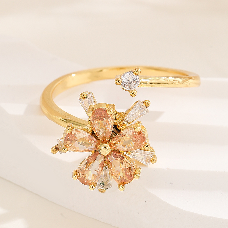 18K oro real color-preservar la suerte de la hierba estilo coreano transfronterizo diamante incrustado rotación de moda abierto anillo ajustable