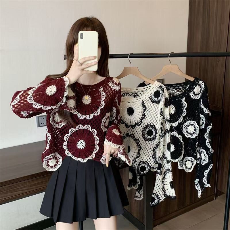 Bohemian French Retro Casual Versatile Loose Hollow-Out Crochet Sexy Hot Girl Hong Kong Style Knitted Women's Top Bohemian French Retro Casual Versatile Loose Hollow-Out Crochet Sexy Hot Girl Hong Kong Style Knitted Women's Top