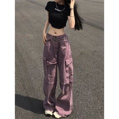 アメリカンハイストリートパープルワークウェアワイドレッグジーンズ女性の夏の新しいハイウエストルーズスリムストレートロングパンツトレンディ