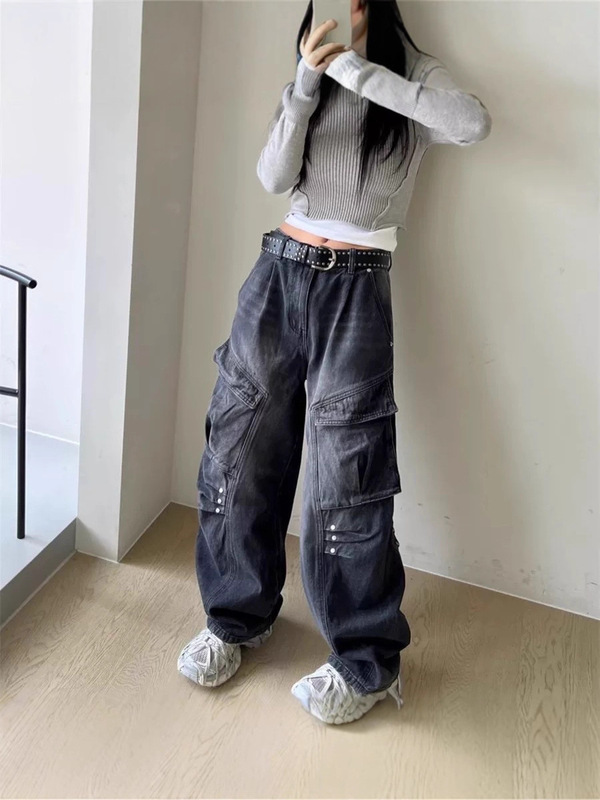 梵思羽复古蓝水洗重工工装裤牛仔裤女新款美式复古高腰直筒阔腿裤|undefined