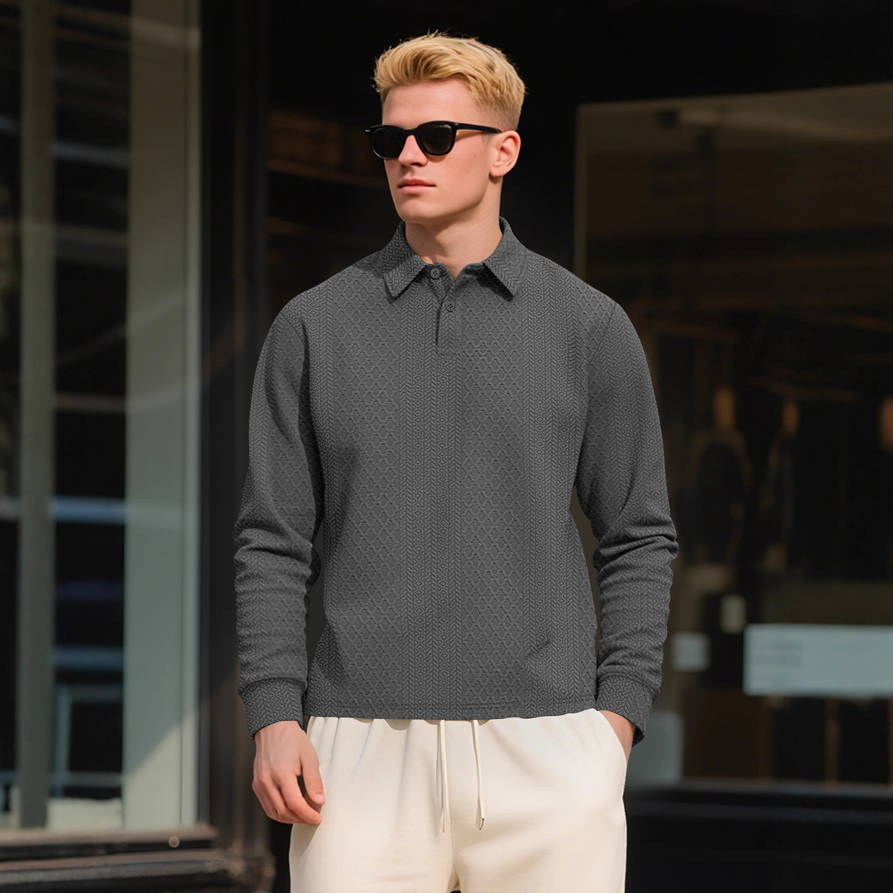 Textura transfronteriza Jacquard sólido hombre polo de manga larga comercio exterior Amazon botón nuevo cuello suelto camiseta hombre