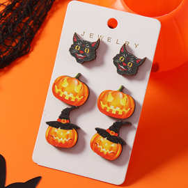 欧美跨境新款3件套创意木质趣味搞怪南瓜黑猫万圣节耳钉卡纸套装