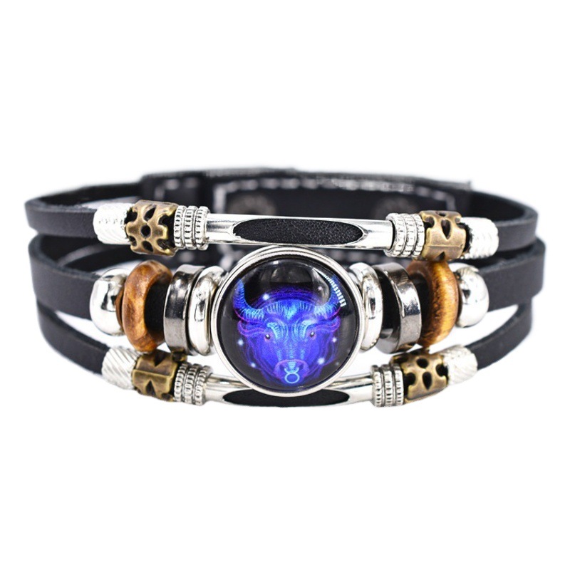 Retro doce signos del zodiaco luminoso pareja pulsera de cuero Estudiantes suministro de personalidad tres capas tejidas pulsera de cuero con cuentas