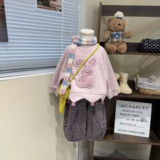 女童冬季加绒卡通卫衣冬洋气新款加厚休闲条纹裤冬装保暖两件套