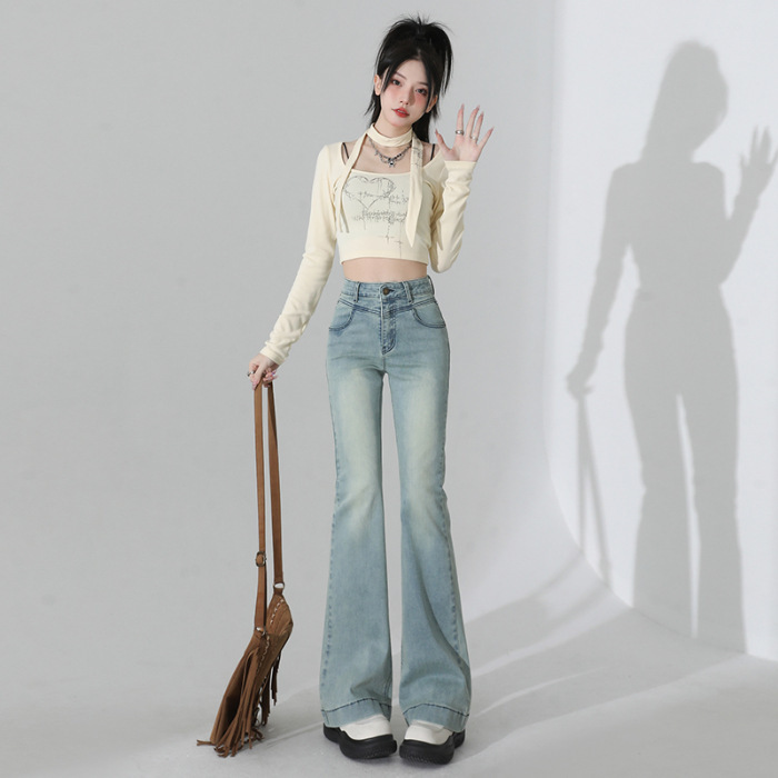 复古蓝微喇叭牛仔裤女2025年秋季新款高腰显瘦弹力修身百搭喇叭裤|undefined