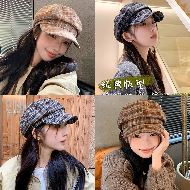 Autumn new fashion beret octagonal hat, vintage plaid women's versatile artistic college style trendy cap