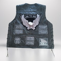 欧米風クラシック馬革ベスト ライディングベスト シルバーグレー 刺繍バッジ付き バイク用レザーベスト メンズ