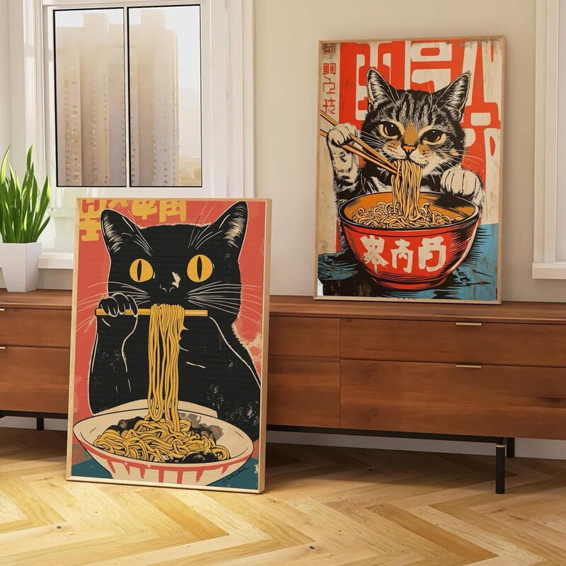 2 Pieces of Interesting Japanese Cat Oil Paintings, Whimsical Cat-Eating Ramen Paintings, Retro Black Cat Posters and Prints