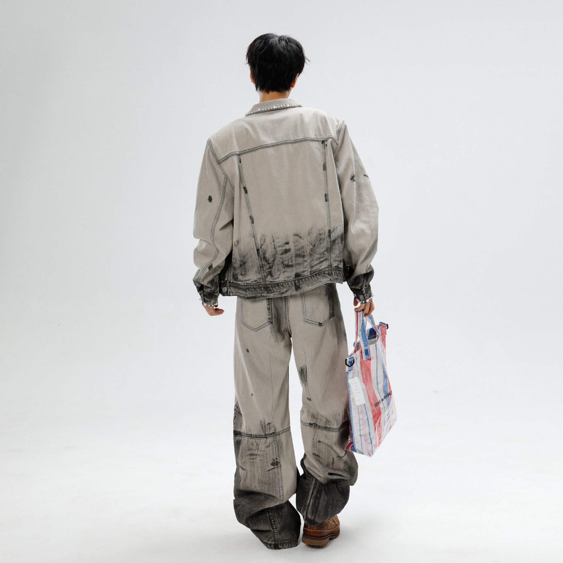 Deconstructed Dystopian Denim Set - Oversized Tie-Dye Jacket & Distressed Curved Hem Joggers, Raw Edge Avant-Garde Streetwear_voghion.com