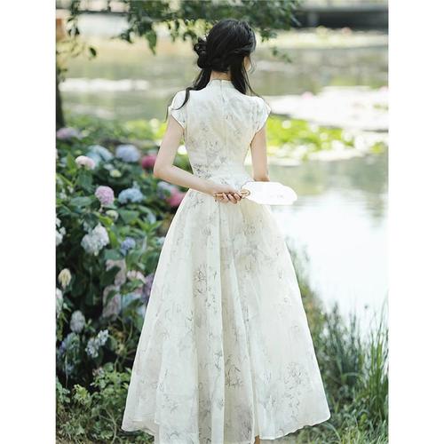 150 Small Size Chinese Style Improved Dress for Women, Summer New Chinese Style Bamboo Cheongsam with Waist Control, A-Line Mid-Length