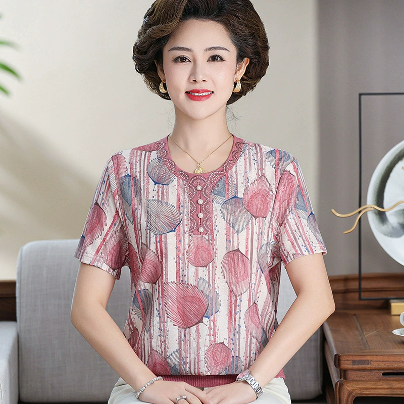Мама летняя футболка с короткими рукавами из ледяного шелка модная широкая леди топ тонкий средний и пожилой человек летом носит прохладную рубашку